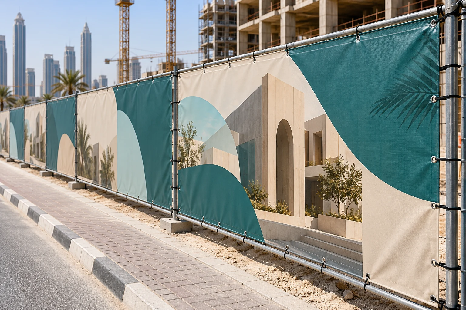 Illustration of printed banners neatly installed on perimeter fencing